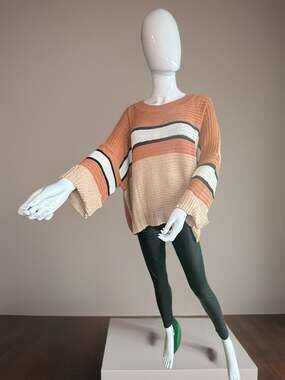 Woven Striped Oversized Horizontal Ribbed Long Sleeve Tunic Sweater